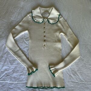 LOFT Ribbed Collar Green Trim Long Sleeve Top